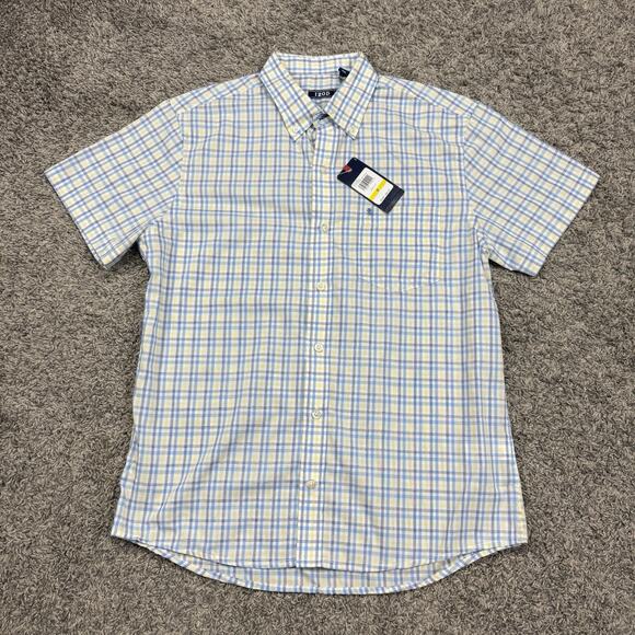 IZOD Sunlight BlueYellow Plaid Button Shirt Short Sleeve Mens Size M NEW - Picture 1 of 7